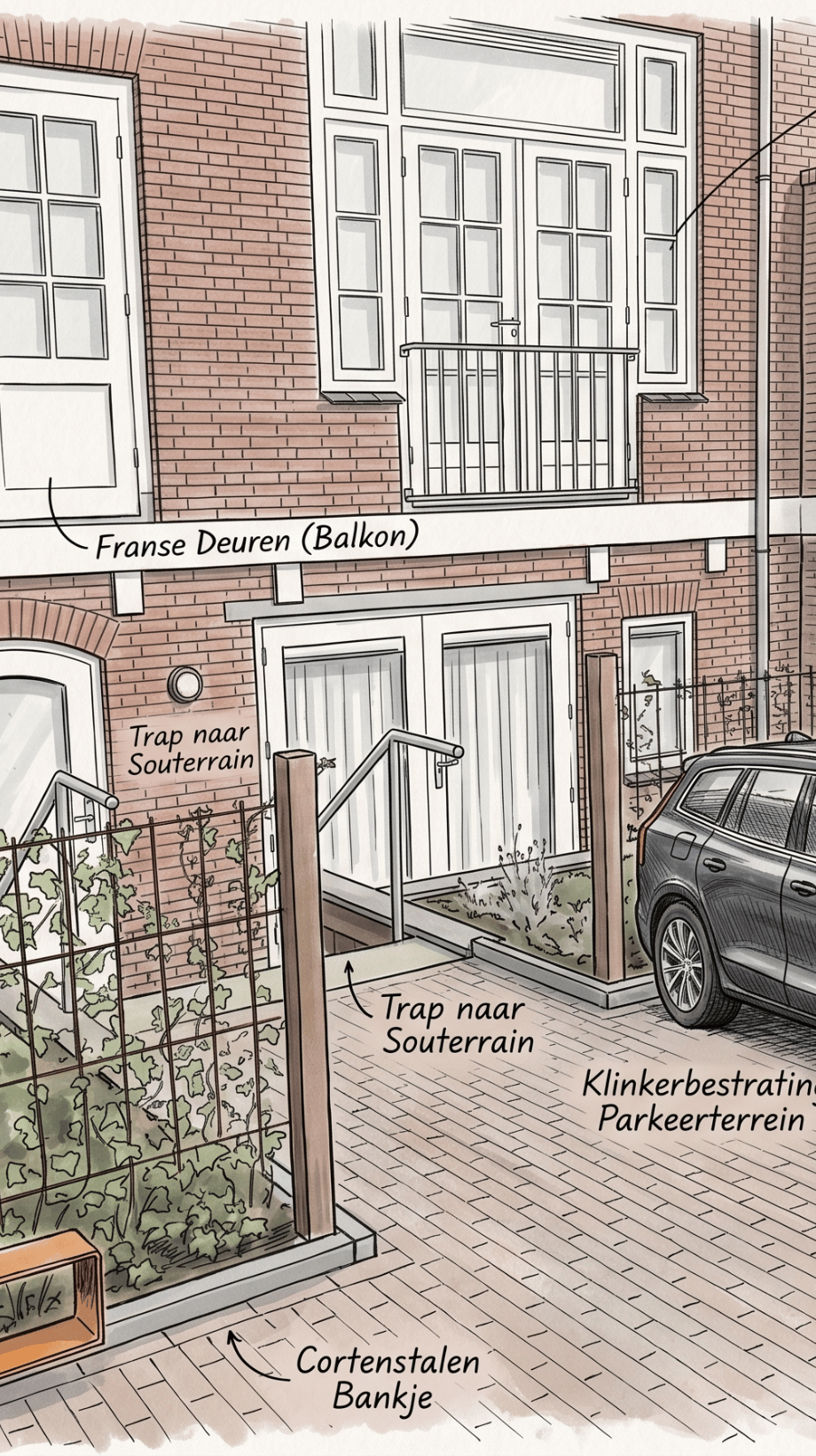 tuinontwerp-schets-tuin-alblasserdam.jpg Tuinontwerp schets voor een tuin met parkeerplek en hoogteverschil in Alblasserdam door Cerci Design