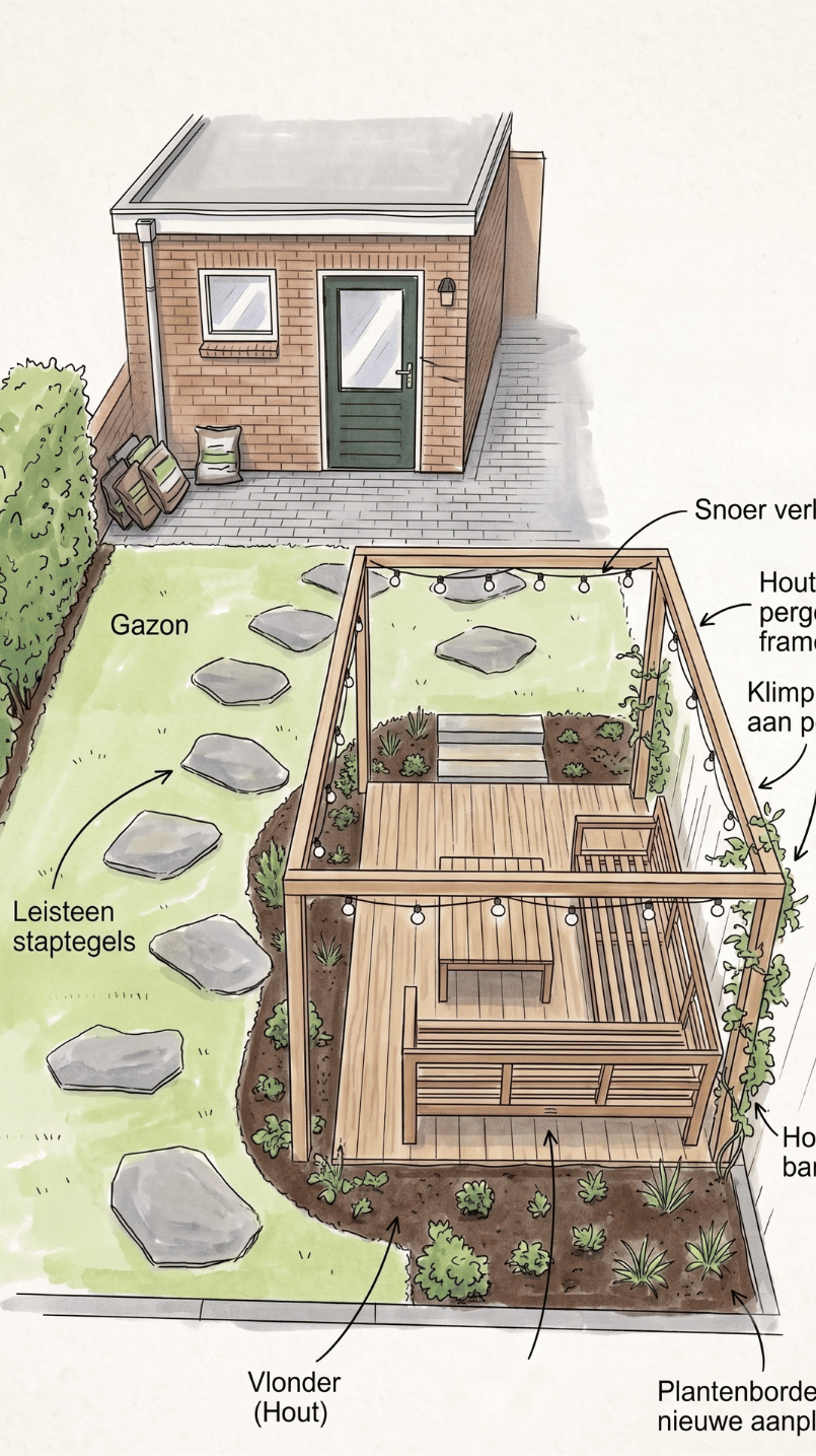 tuinontwerp-schets-tuin-vlonder-pergola.jpg Tuinontwerp schets voor een tuin met vlonder en pergola door Cerci Design